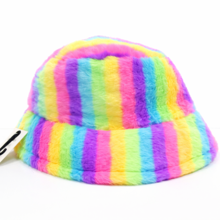 FLUFFY FUR BUCKET HAT RAINBOW PRINT