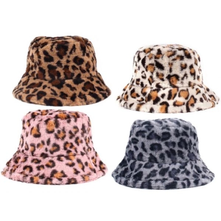 FLUFFY FUR BUCKET HAT LEOPARD PRINT